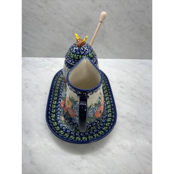 Unikat Polish Pottery Floral Creamer Pitcher And Honey Jar On Serving Tray - Picture 8 of 11